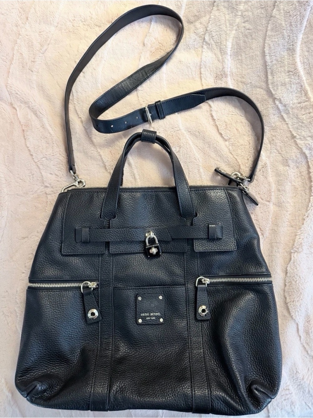 Henri Bendel Black Pebbled Leather Crossbody Tote with Lock Accent